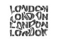 London typography text or slogan. Wavy letters with grunge, rough texture. T-shirt graphic with ripple or glitch effect.